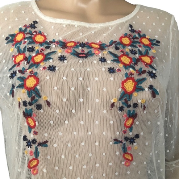 pen paper Tops - Mesh polka dot boho Flower vine appliqué off white long sleeve peplum top sz L